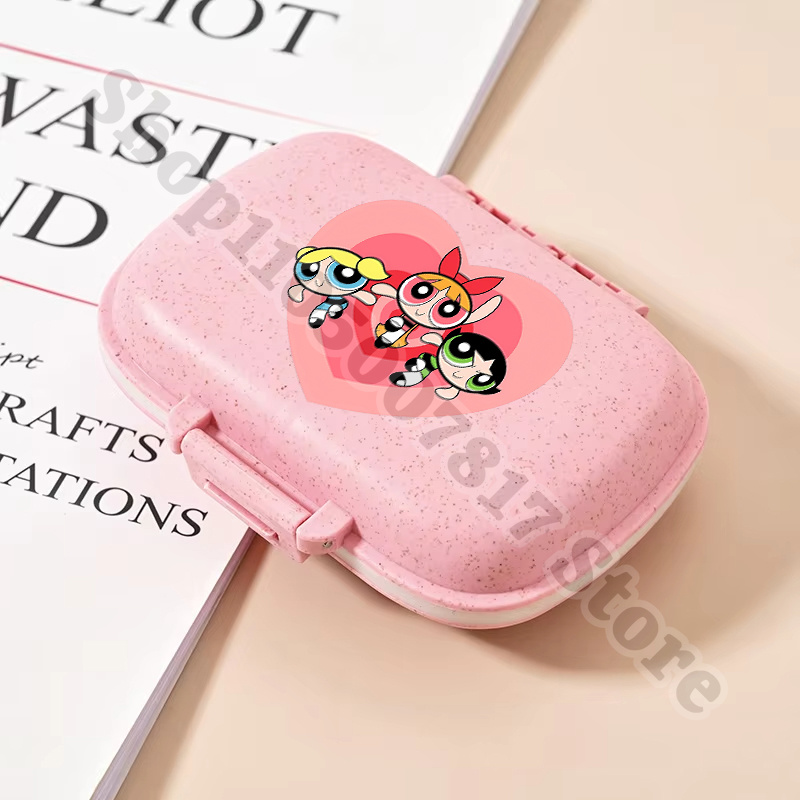 Tablet Cute Accessories - กล่องเก็บยาพลาสติกพกพาลายพาวเวอร์พัฟฟ์ส น่ารัก พร้อมช่องแบ่งสำหรับจัดยา ของขวัญ