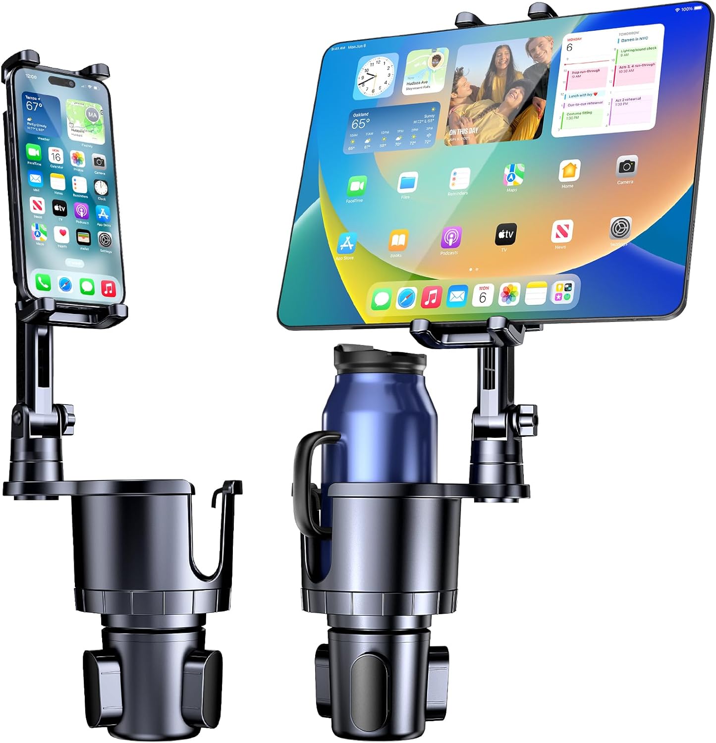 Tablet Accessories Must Have - ที่วางโทรศัพท์และแท็บเล็ตในรถยนต์ 2 in 1 พร้อมที่ยึดแก้วน้ำในรถยนต์ ปรับแขนยืดหดได้